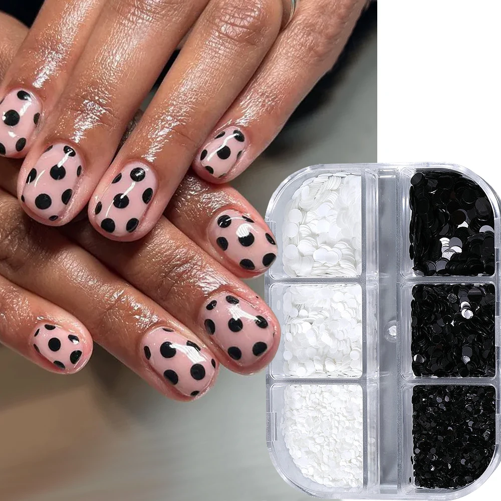 6 Grids Black Polka Dots Nail Sequins Decoration Black White Round Mini Nail Flakes Charm Versatile Circular Glitter Accessories