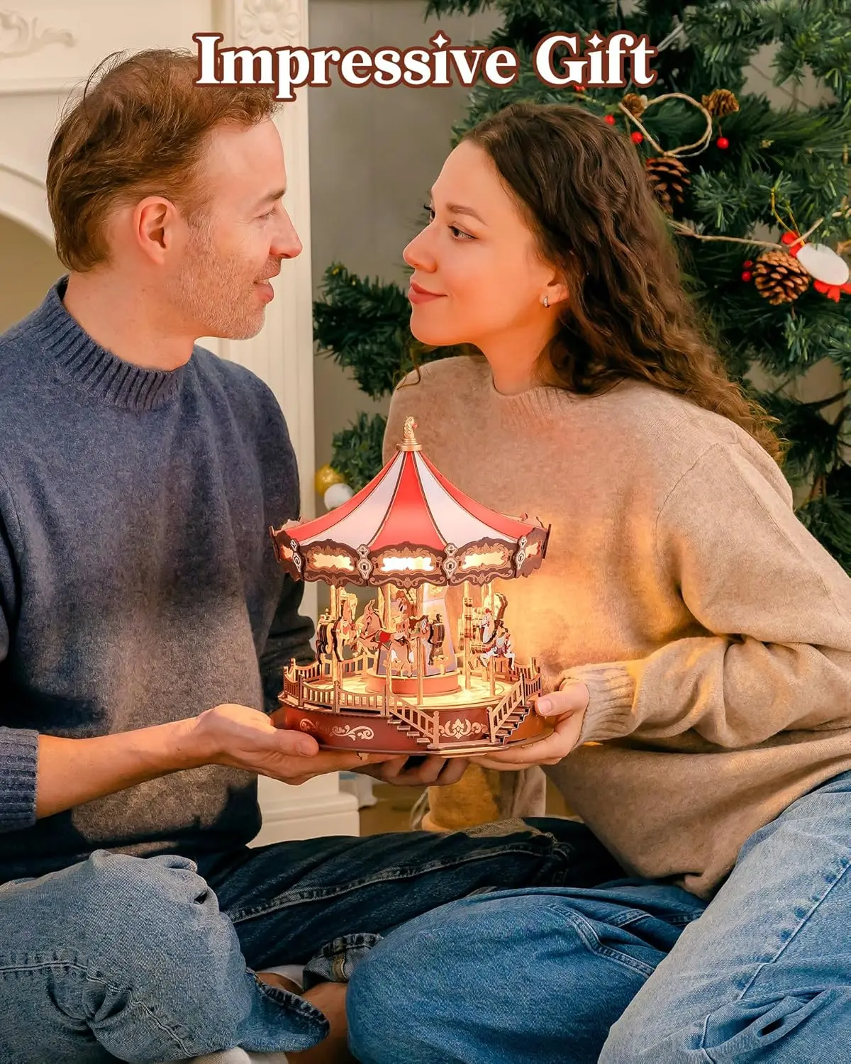 Wooden 3D Puzzles for Adults, DIY Carousel Music Box with Chaser Lights 11.6