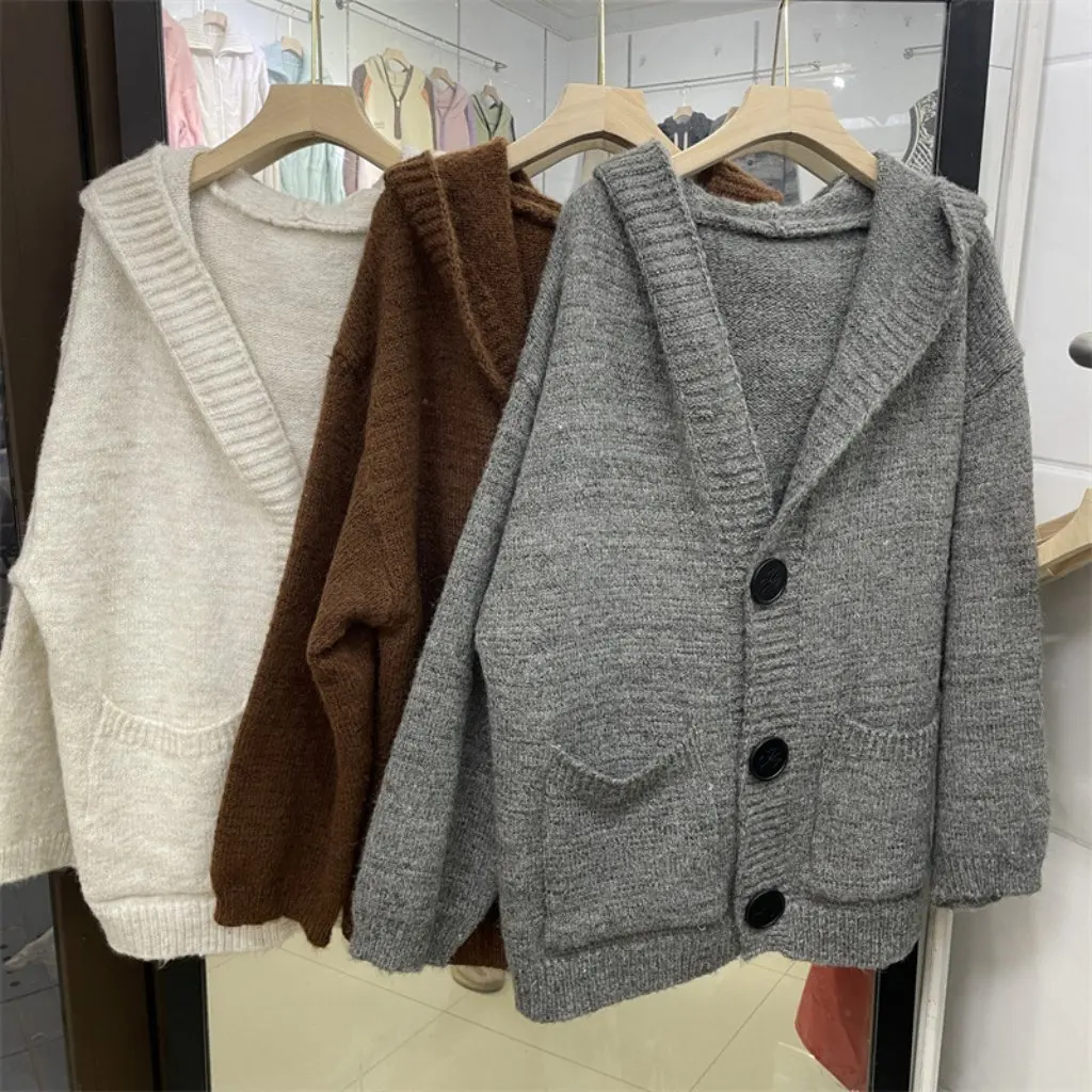 

plus Size Women's Lazy Style Hooded Knitted Cardigan Autumn Retro Soft Waxy Sweater Jacket Loose Top for Slimming Look
