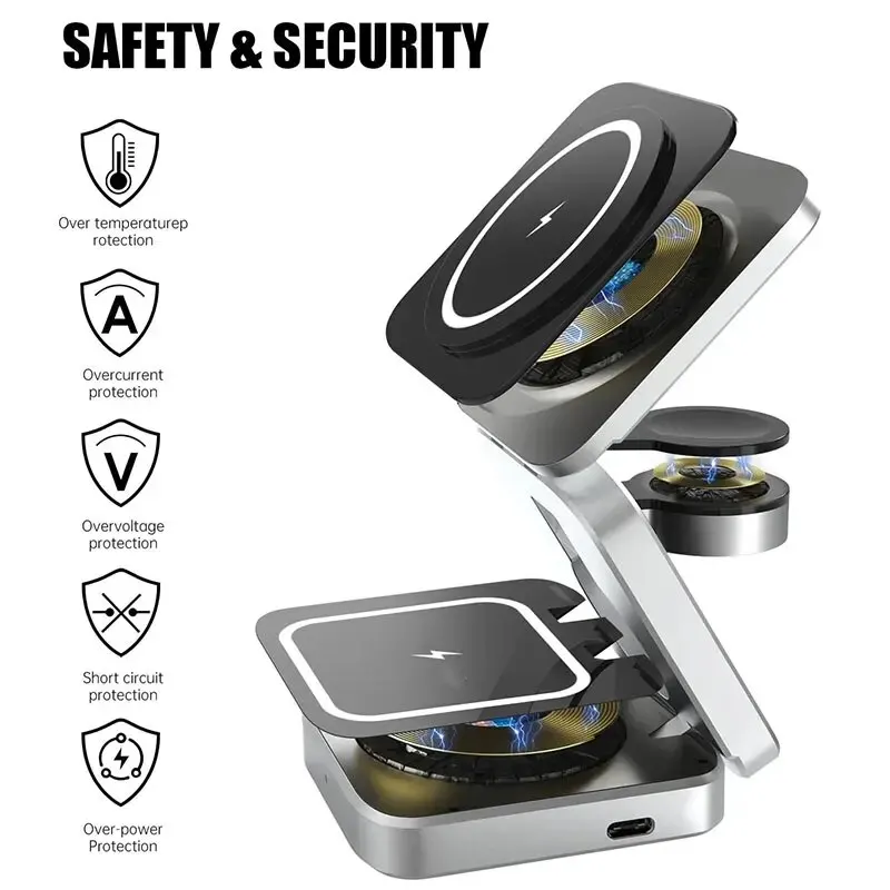 3 in 1 Magnetic Wireless Charger Stand Pad For iPhone 15 14 13 12 Pro Max IWatch 8 7 6 5 Airprods Macsafe Fast Charging Station image 4
