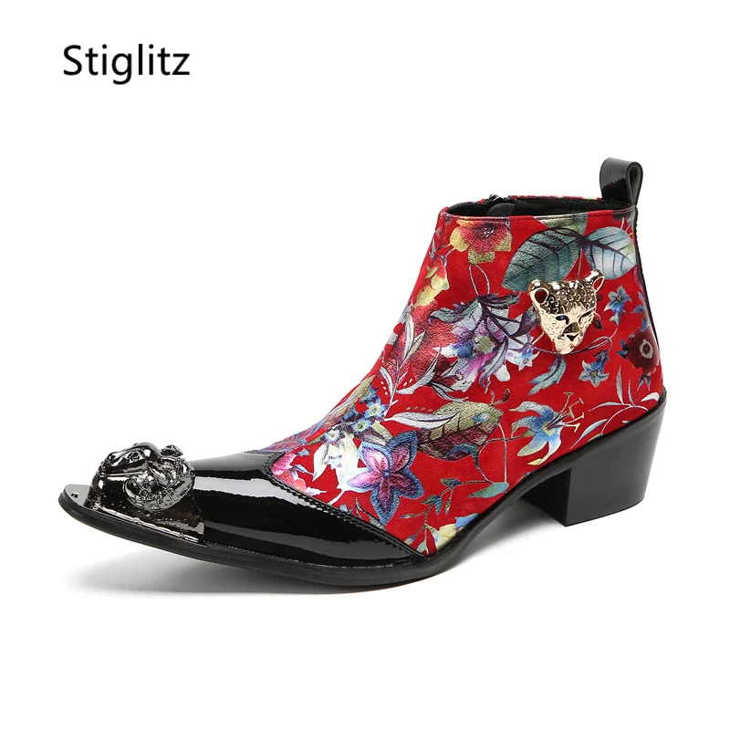 Print Leather Ankle Boots Flowers Red Wedding Men's Shoes Metal Pointed Toe Safety Shoes Man for Work Side Zipper Med Heels