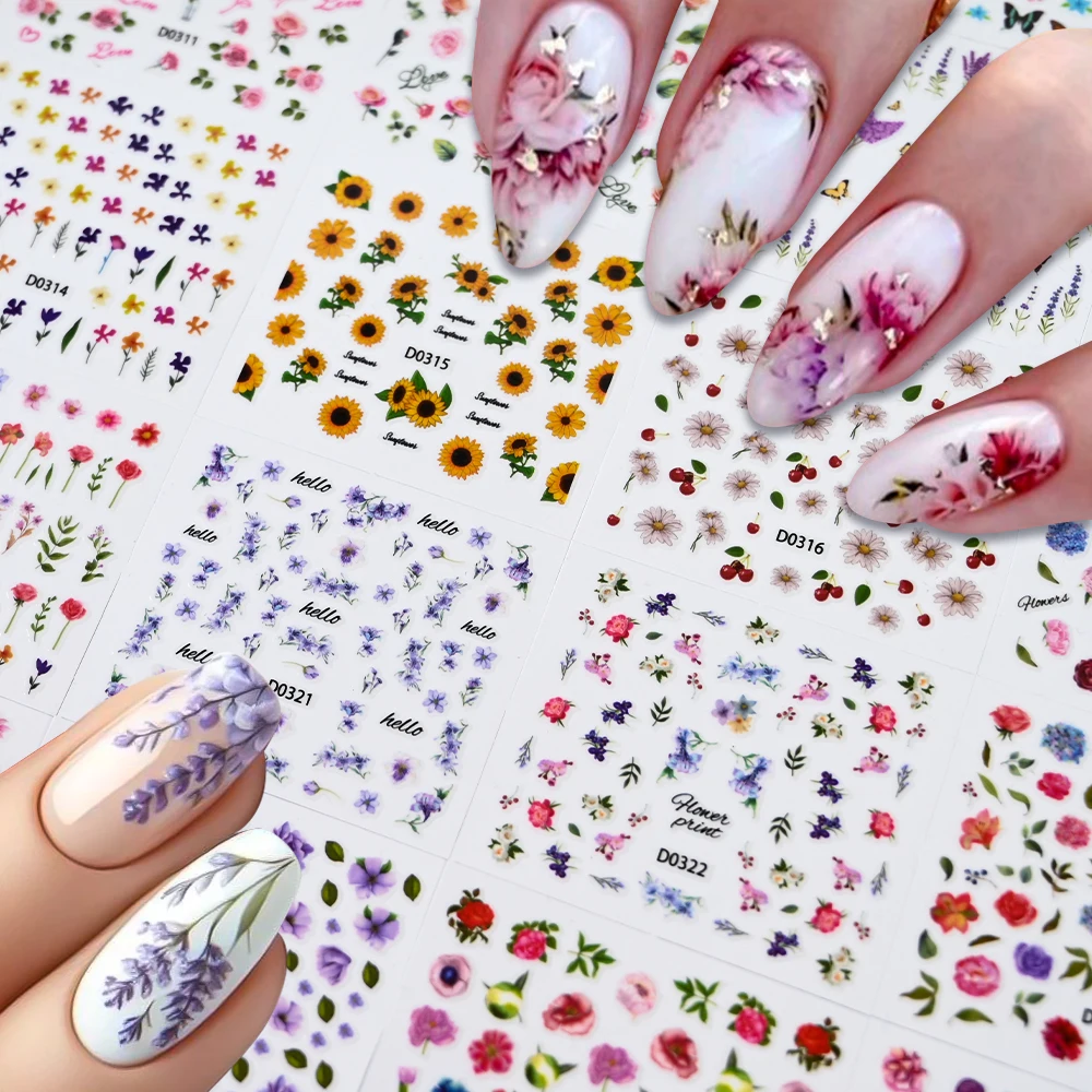 30Pcs/Set Flowers/Butterfly Nail Art Stickers Rose/Sunflower/Lavender Design Adhesive Decals 5.3*6.3cm DIY Manicure Decor Slider