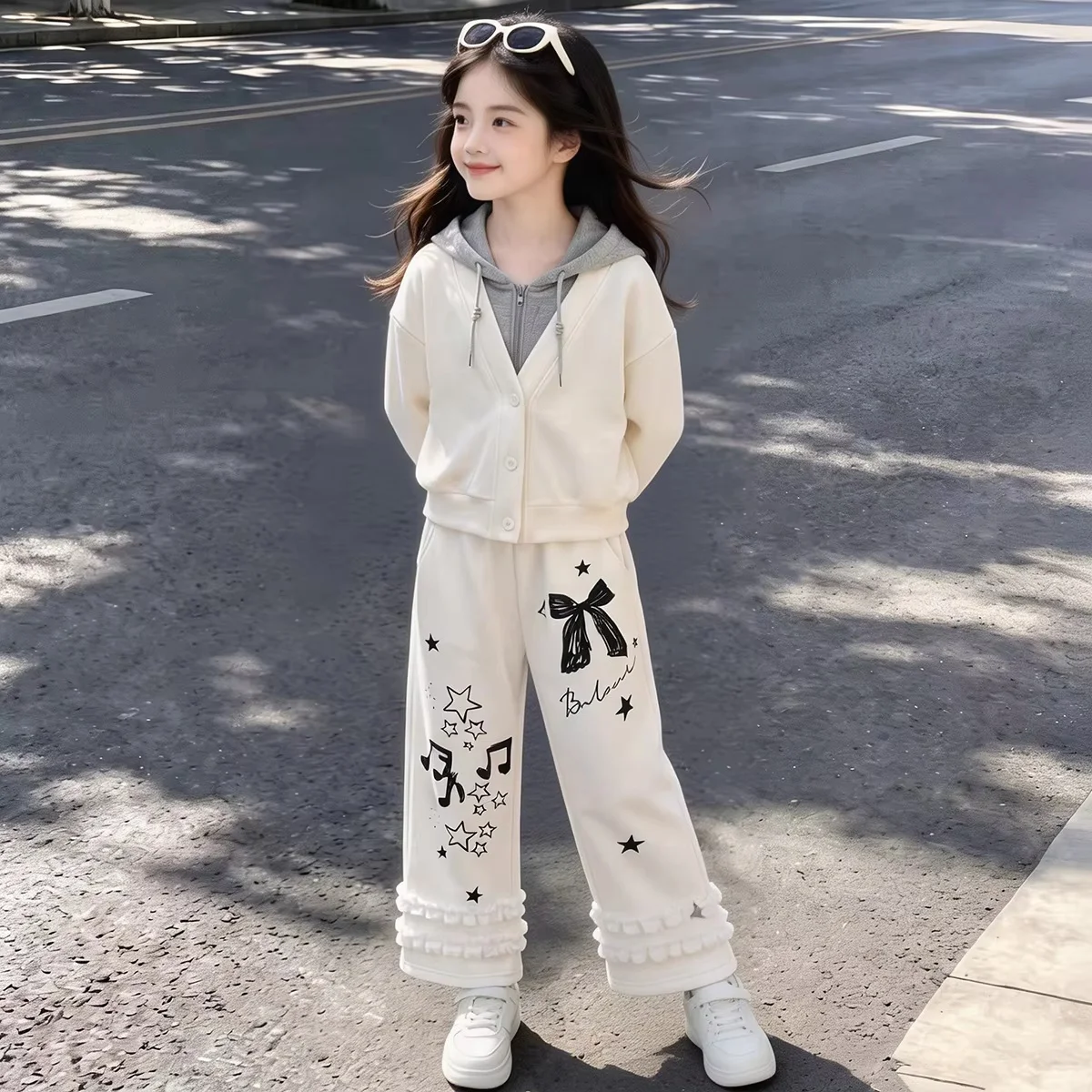 New Autumn Winter Girls Hooded Sweatshirt Crop Top 1PC Bow Wide Leg Pants Set Teenager Kids Clothing 4-14 Years