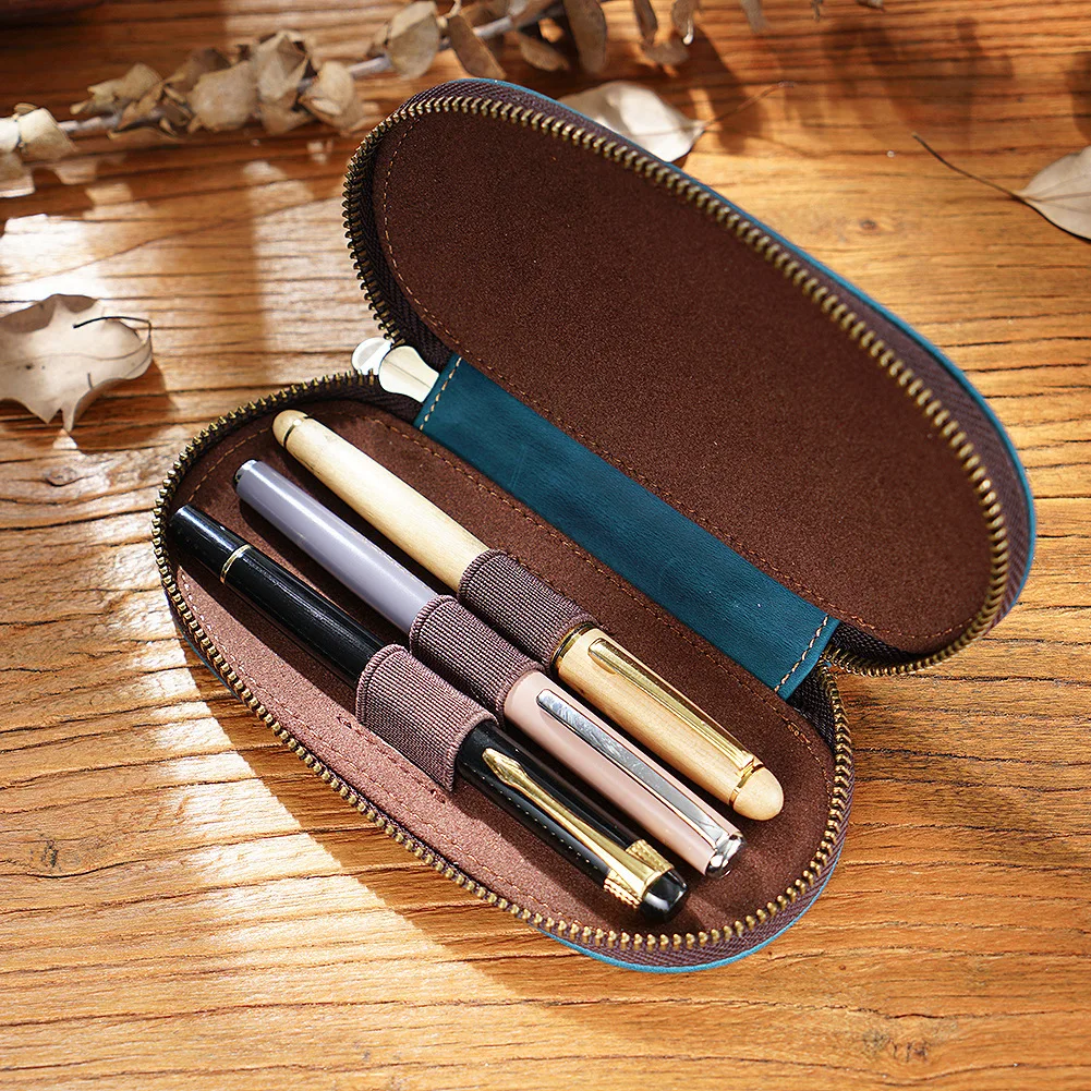 Vintage Crazy Horse Leather Handmade Pen Pouch 3 Pens Oval Zipper Bag Portable Fountain Pen Case New Arrival Stationery Gift
