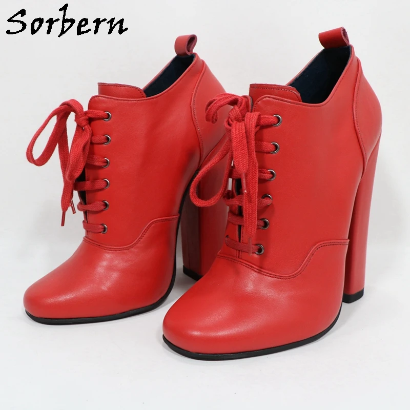 Sorbern Vintage Real Leather Women Boots Lace Up Ankle High Block Heels 15Cm Round Toe Unisex Shoe Big Size Up To Us 15 16 17 18