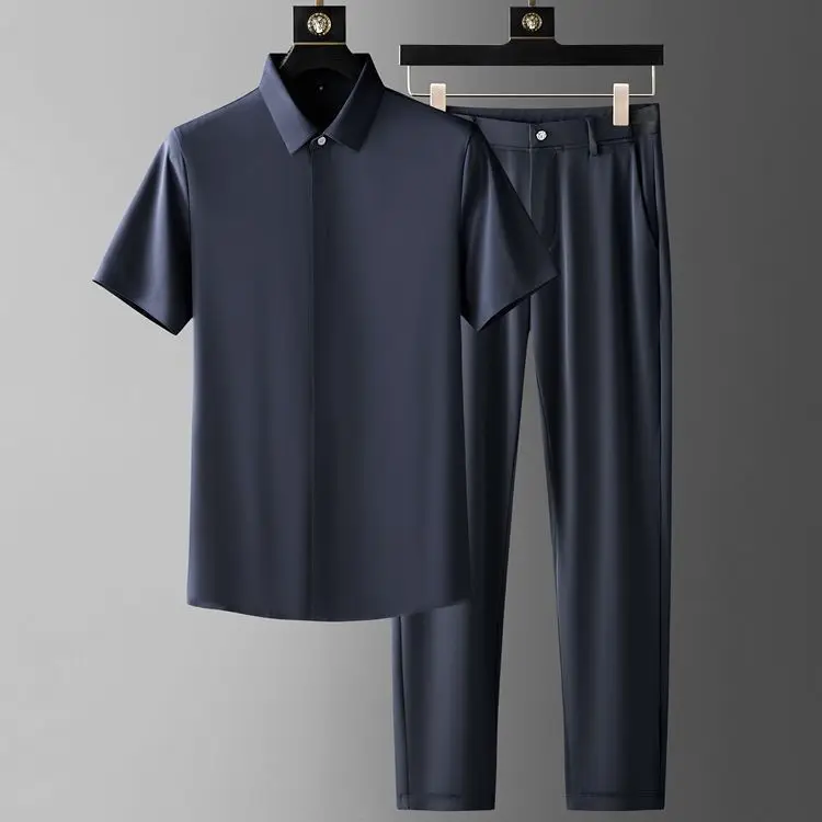 Men's High-end Light Luxury Business Lapel Short Sleeved Ultra-thin Quick Drying Casual Two-piece Set Aesthetic Mens Fashion