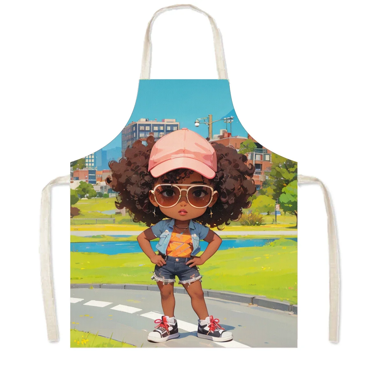 African Cartoon Girls Print Cooking Aprons Afro Women Household Cleaning Pinafore Barber Restaurant Chef Waiter Kitchen Apron