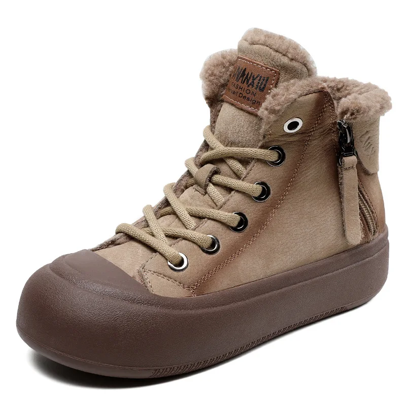 

2025 женские зимние теплые ботильоны на меху, обувь из натуральной кожи, женские короткие ботинки на плоской подошве в стиле ретро на массивной платформе с двойной молнией