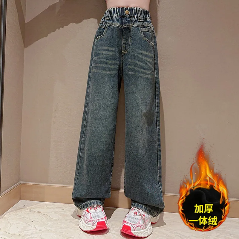 Children Winter Insulated Jeans for Girl Warm and Thick Thermal Denim Pants Teen Kids Fashion Fleece-Lined Street Trousers
