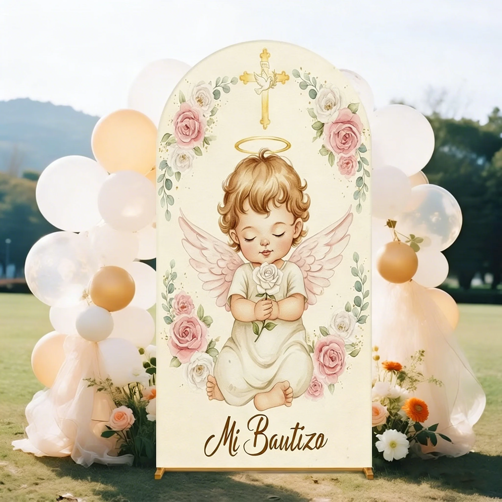 LS 2-Sided Arch Cover God bless Angel Decoration Backdrop Baby Shower Cake Smash Children 1st Birthday Party Prom Studio