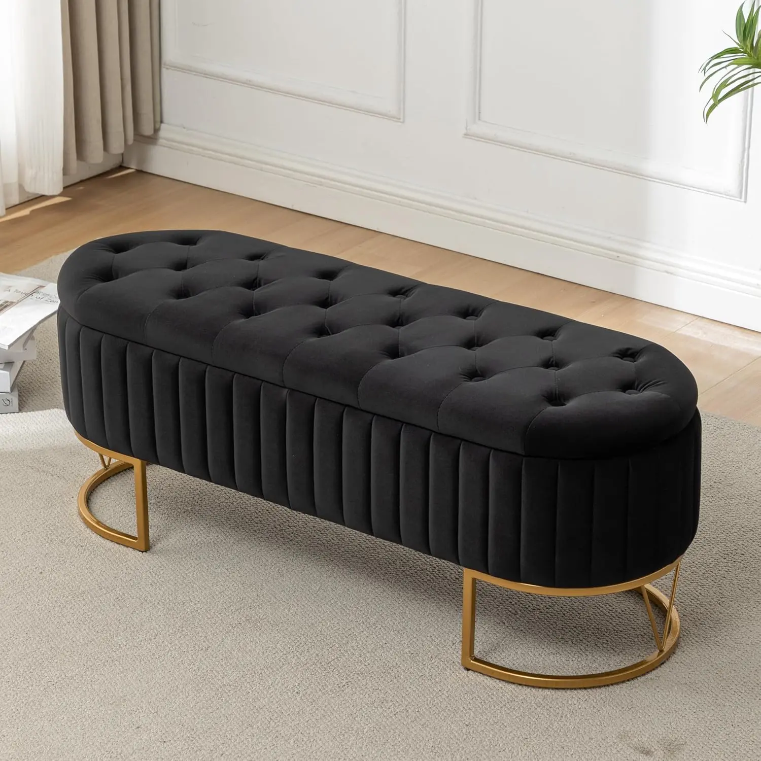 

Velvet Oval Upholstered End of Bed Bench with Golden Metal Legs, 46' Modern Tufted Storage Ottoman Bench for, Customized