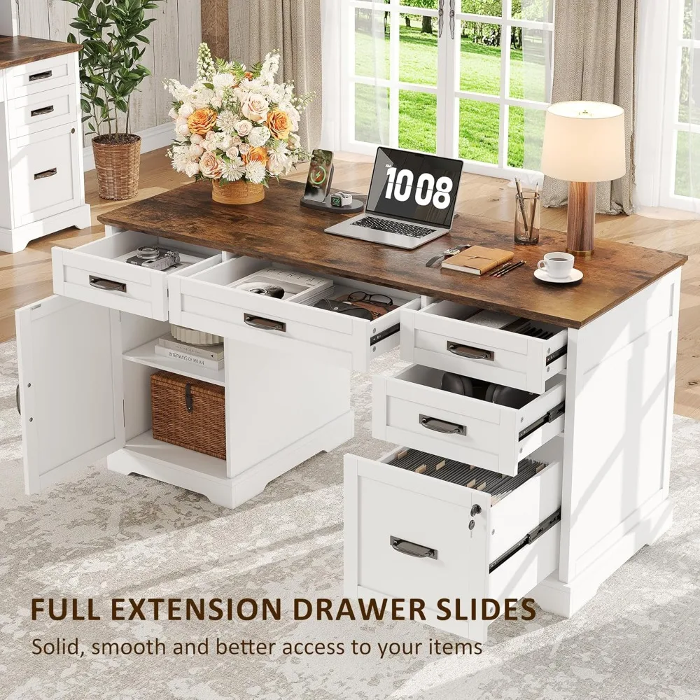 Executive Desk with Drawers, 55'' Farmhouse Desk Wooden, Home Office Computer Desk with File Cabinet and Charging Station, White