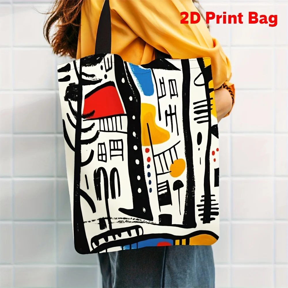 1pc Stylish Abstract Landscape Tote Bag Vibrant Road and Woods Woman Design Durable Polyester Shoulder Bag Geometric Pattern