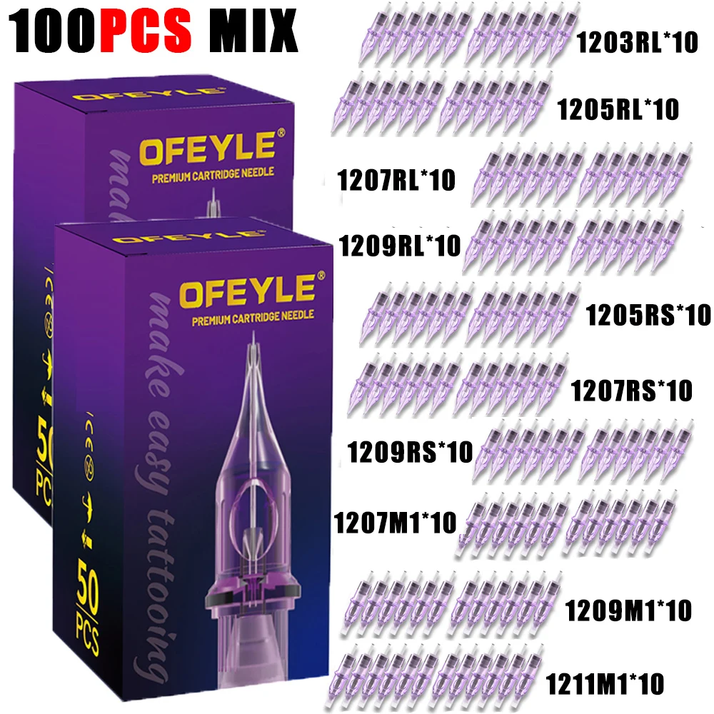 100PCS Mixed Disposable Tattoo Cartridges Needle RM/RL/M1/RS Size Purple Sterile Packaging Needles  for Tattoo Pen Machine