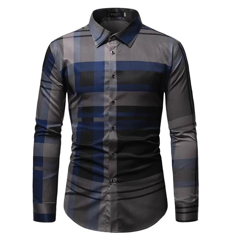 

2023 Spring/Summer New Men's Youth Business Long Sleeved Shirt Slim Fit Checkered Print Casual Shirt