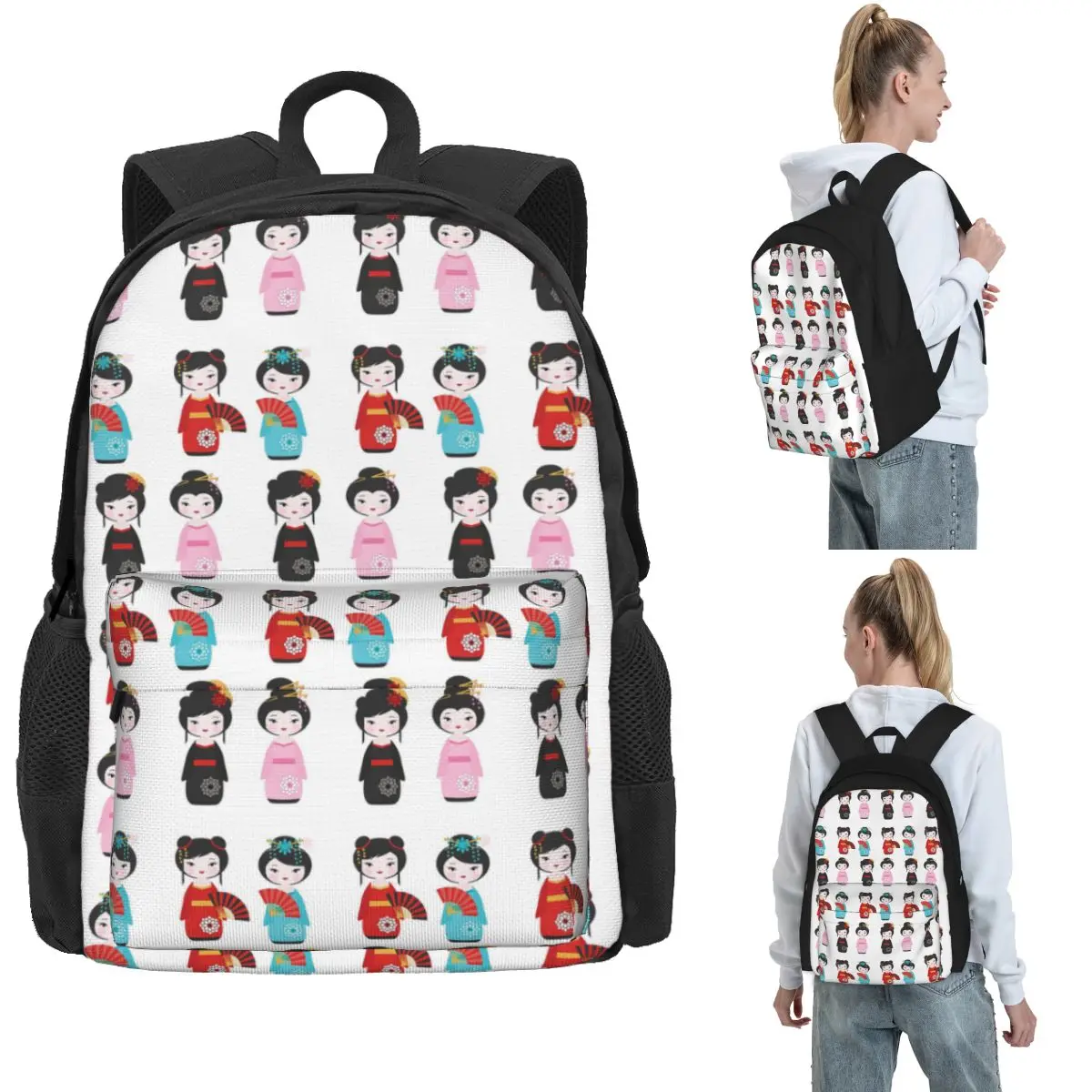 

Japanese Kokeshi Dolls Backpack Hot Sale Daypack Large Capacity Boys Girls BookBag School Bag Shoulder Bags for Men Women