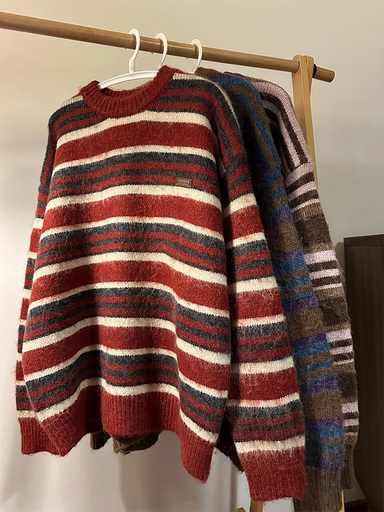 

Мужской свитер в американском ретро-стиле с полосками, круглым вырезом, свободного кроя, повседневный, шикарный, осенне-зимний, легко носить, универсальный, с длинными рукавами
