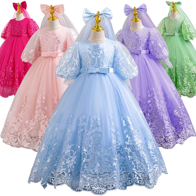 

2Pcs Children's Formal Embroidered Flower Dress + Headdress Elegant Girl Host Wedding Bridesmaid Party Ceremony Gala Dresses