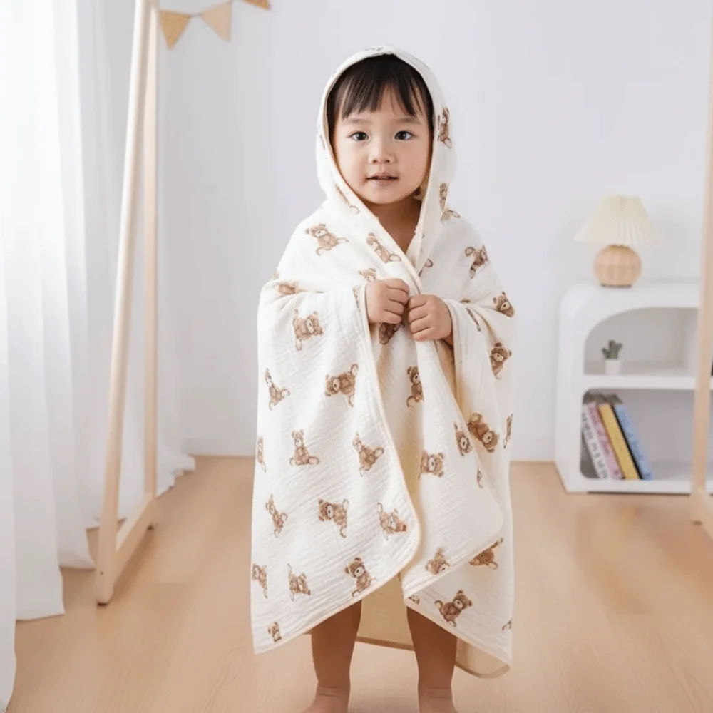 Cartoon Printed Baby Gauze Bath Towel Four Layer Soft Hooded Bathrobe Comfortable Absorbent Cartoon Cloak Towel Children