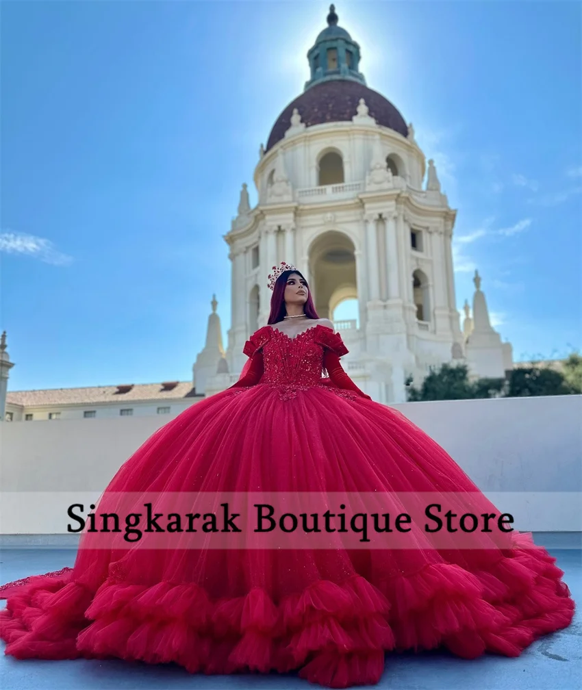 Luxury Red Princess Quinceanera Dress With Gloves Beading Crystals Sweet 16 Dress Tiered Ruffles Ball Gown Vestidos Custom