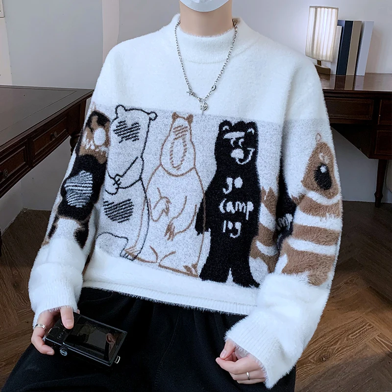 

Thiened f-High Collar Knitted Sweater for Junior High School Students Men's Faionable Ci Walk Polyester Fiber Long S...