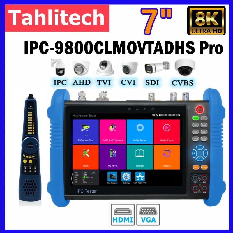 New IPC-9800CLMOVTADHS-Pro IPC CCTV Tester 8MP AHD CVI TVI Camera 8K H.265 IP Camera Tester 7'' IPS Screen VGA Input HDMI