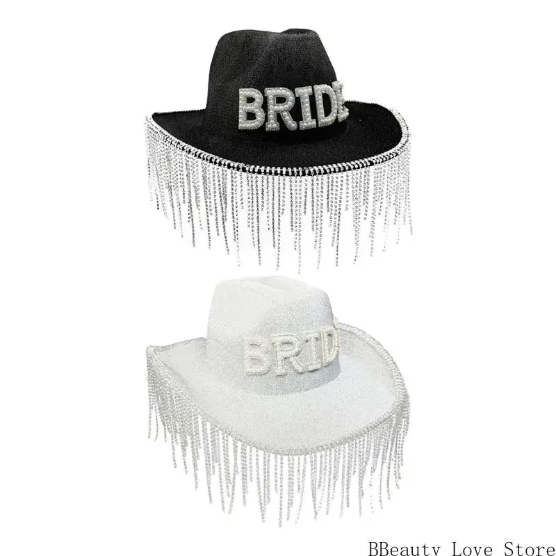 

Elegant Bride Hat with Artificial Pearls Letter Design and Shimmering Tassels for Wedding Celebration Party