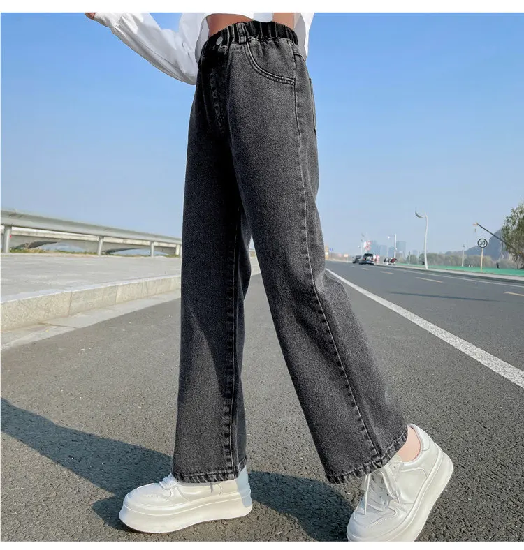 2027 Lässige Jeans für Mädchen, Teenagerkleidung, elastische High-Waist-Denim-Hose mit weitem Bein, Frühlings-Modelle für ältere Kinder, gerade Hose, 5-14 Jahre – Detail 7