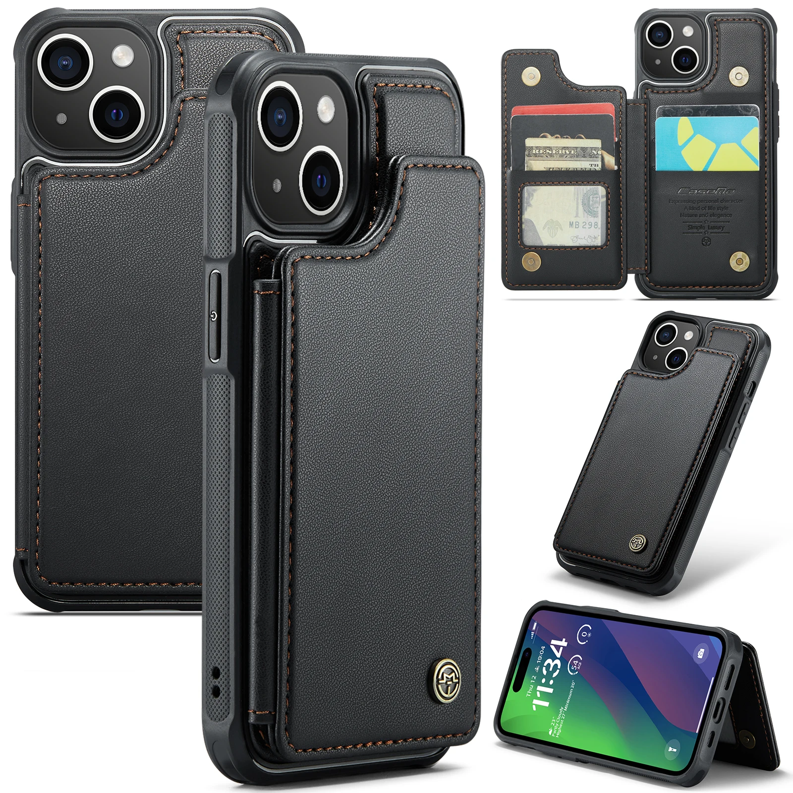 For Apple iPhone 16/15/14/13/12/11 pro max Wallet Phone Case with Card Slots Kickstand Flip PU Leather Covers