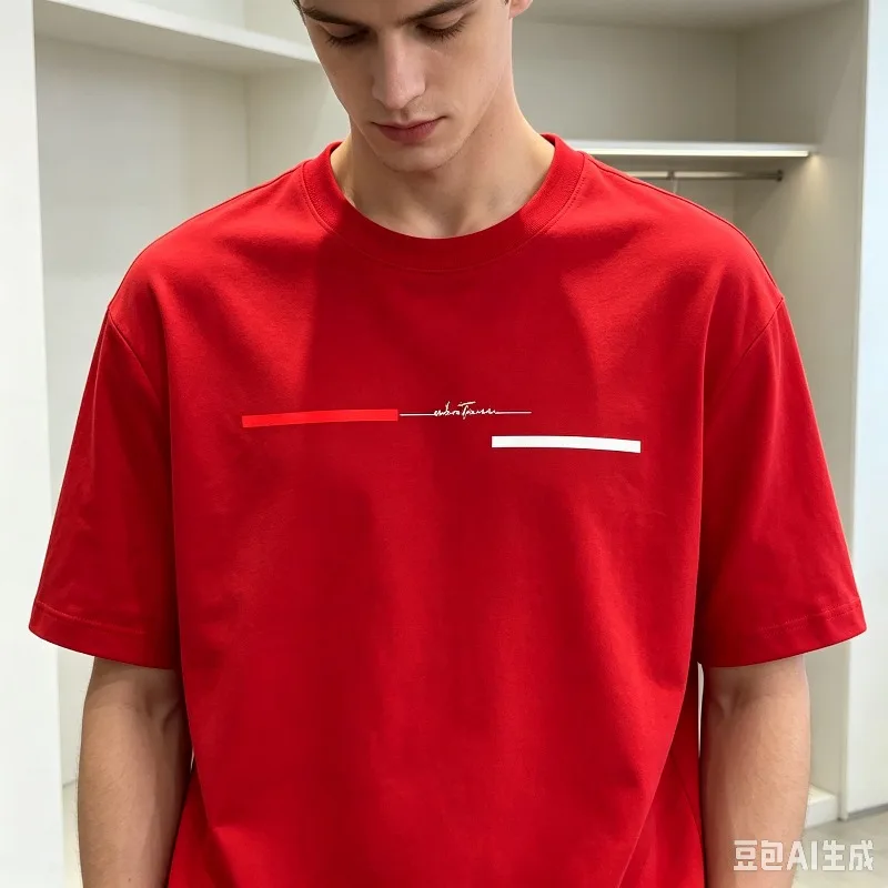 Minimalist Red Black White Line Print Men T-Shirt 100% Cotton Modern Graphic Tee Casual Streetwear Weekend Hangout Top