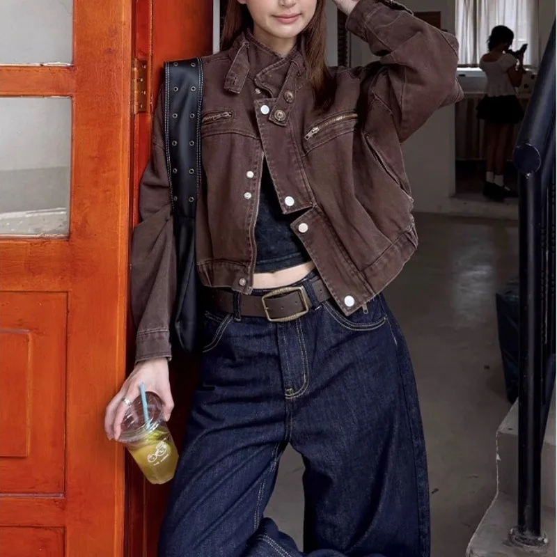 Women Short Jacket 2026 Spring Autumn New Unisex American Vintage Cropped Jacket Loose Washed Workwear Short Jacket