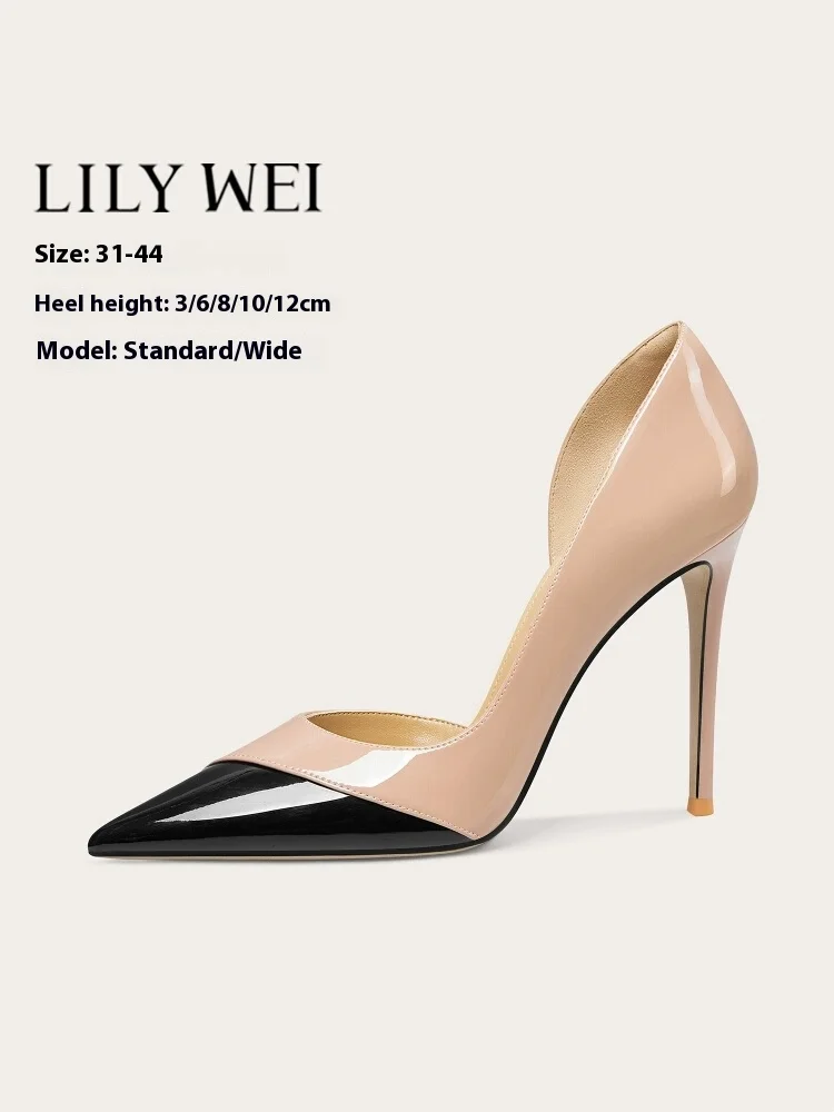 

Spring and summer pointed side empty patent leather stitching low single shoes thin high heel large size small size women sandal