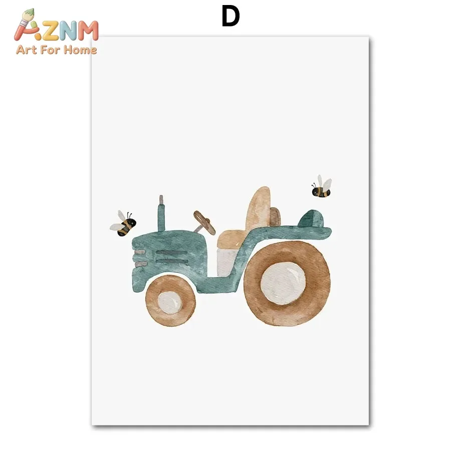 AZNM Watercolor Bear Construction Vehicle Canvas Wall Art Excavator Tractor Mixer Truck Forklift Gentle Neutral Tone Cartoon Pri