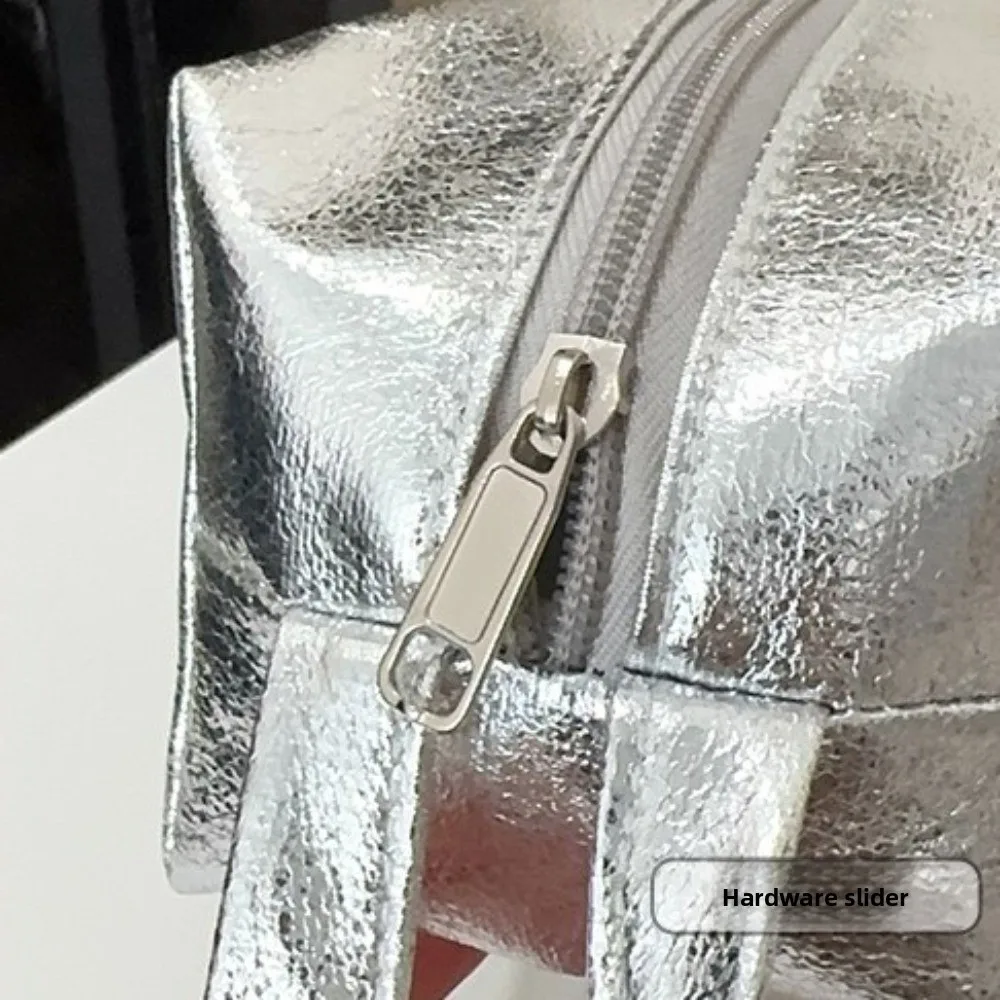 Portable Shiny Makeup Bag Large Capacity Multi-Purpose Cosmetic Bag Handheld Solid Color Pencil Case Women