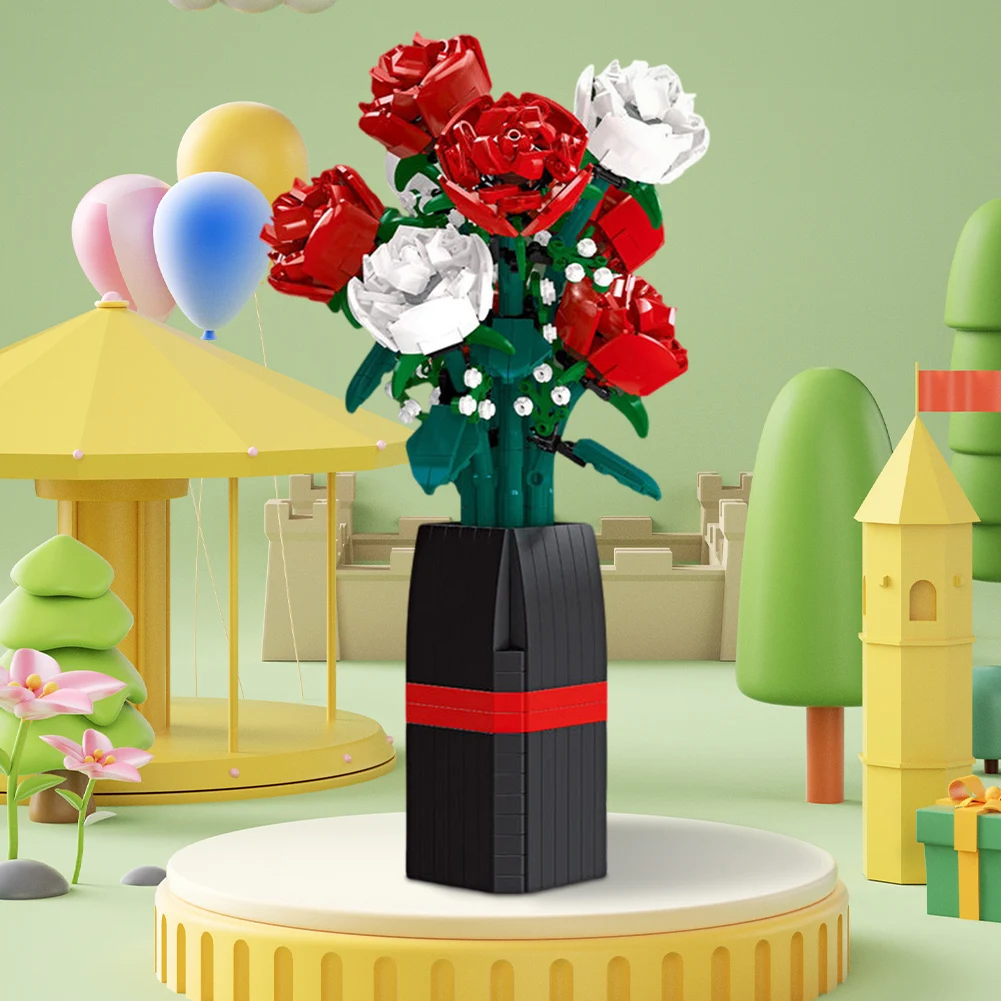 Creative Artificial Roses Toy Building Set with Vase Roses Flower Bouquet Building Kit Roses Building Set Valentines Day Gift