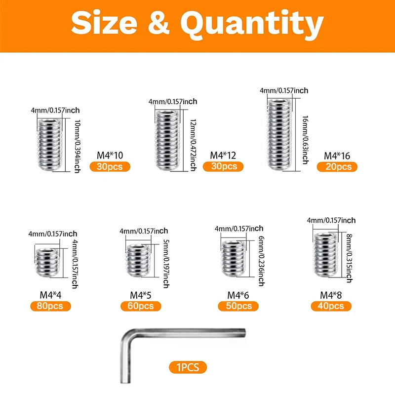 311 Pcs M4 Set Screws Assortment Kit, 7 Sizes Included, M4 Metric & SAE Allen Set Screws for Plumbing, Bathroom Fixtures