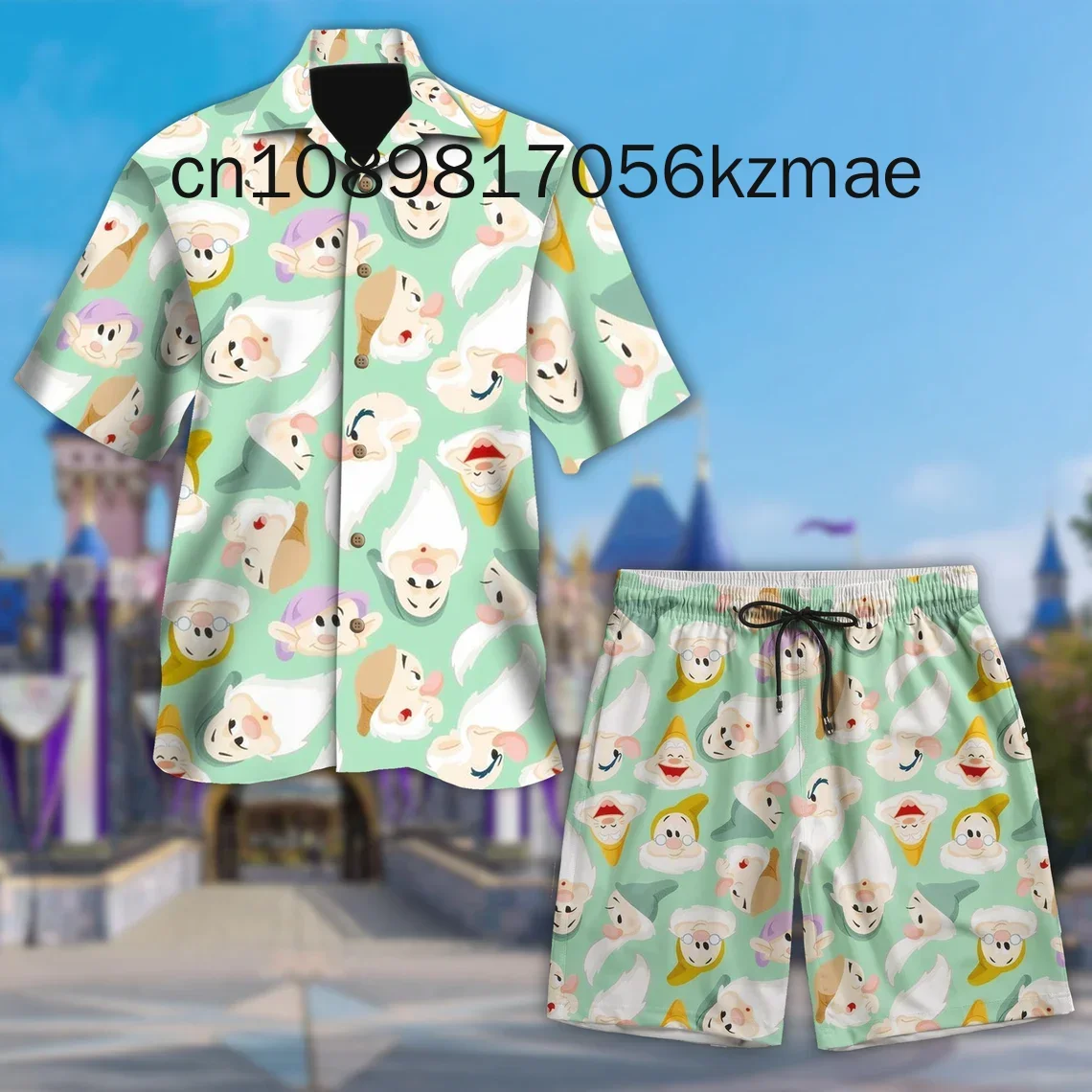 Set kemeja Disney Putri Pria Wanita Hawaii, Set 2 kancing Vintage dan celana pendek kasual 2024