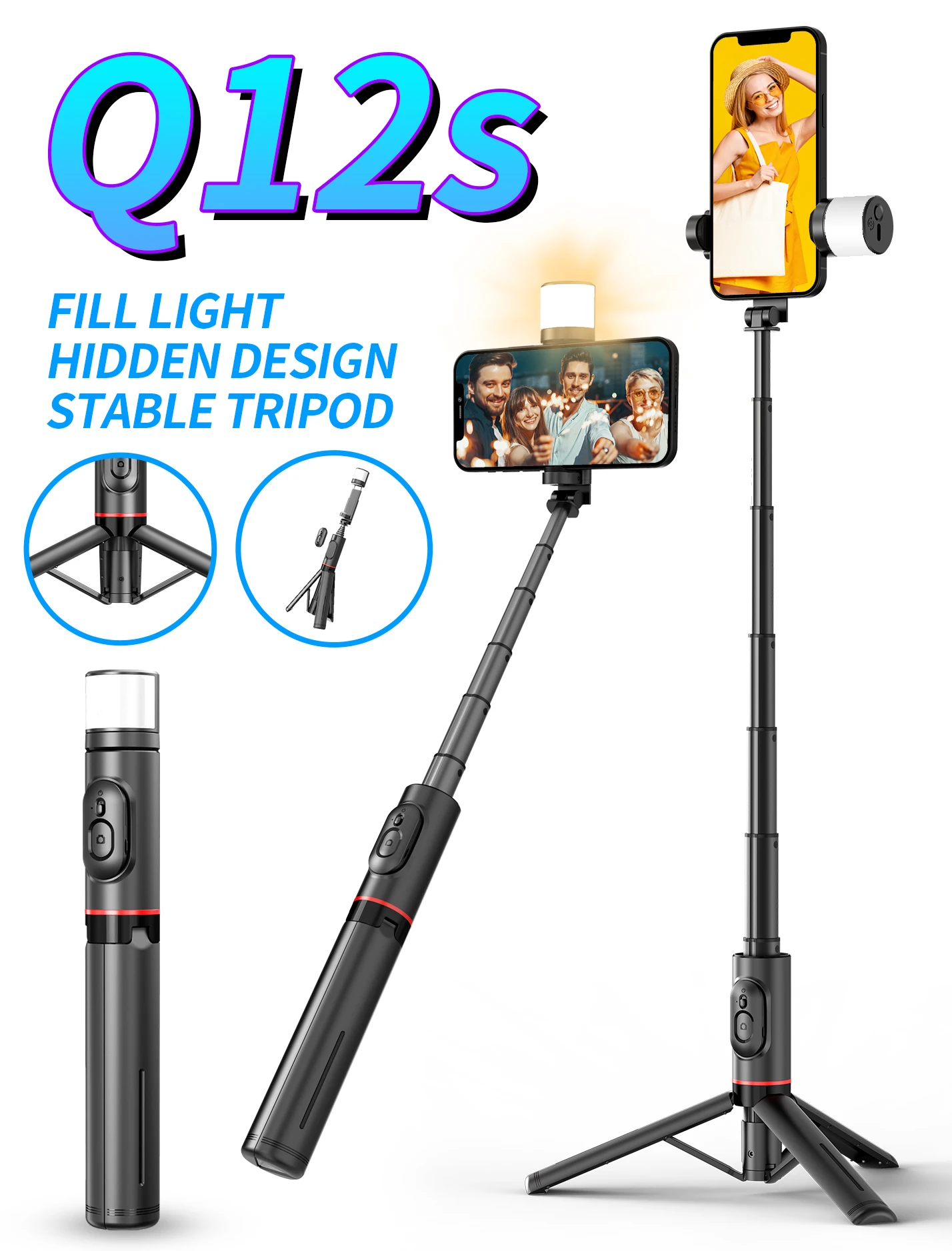 Q12S Bluetooth Selfie Stick Rotating Fill Light Hidden Integrated Multi-Function With Built-in Tripod Stand For Live Streaming