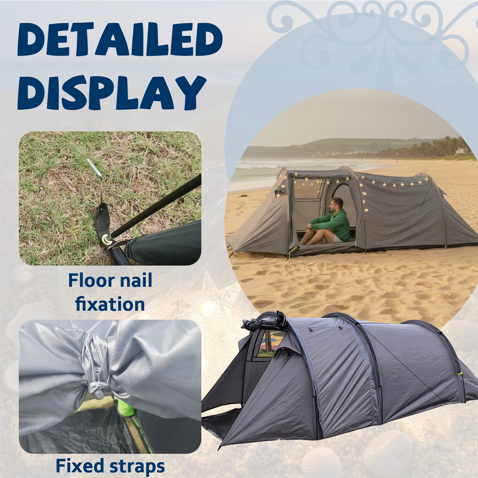 Outdoor 2‑Person Tunnel Tent Double Layer Portable Camping Tent with Vestibule and Included Star String Lights for Travel