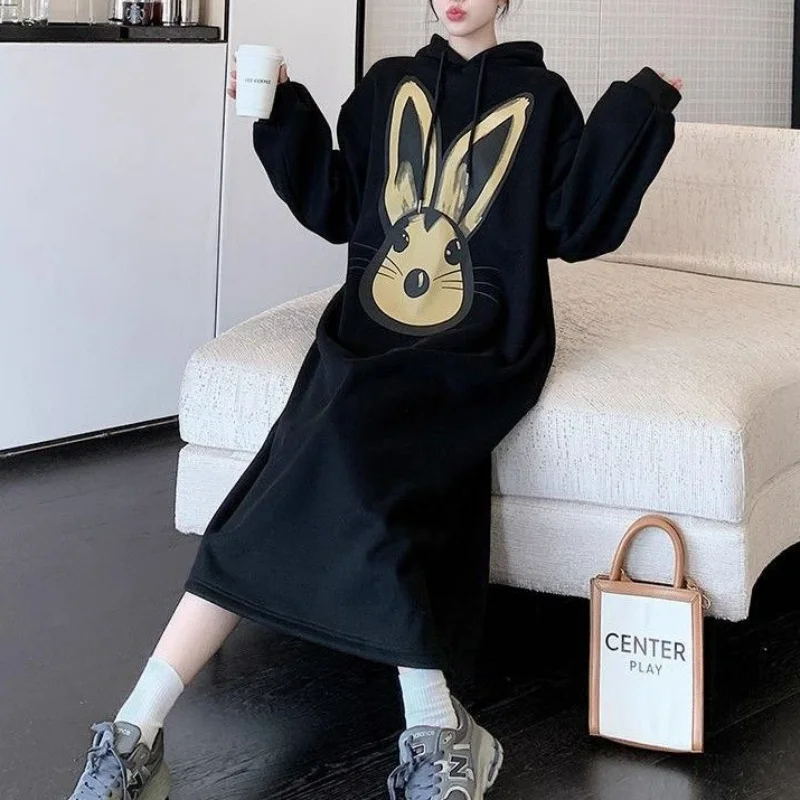 Autumn Winter Women Fashion Hoodie Long Dress Print Cartoon Rabbit Head Fleece Thicken Oversized Long Sleeve New Casual Dresses