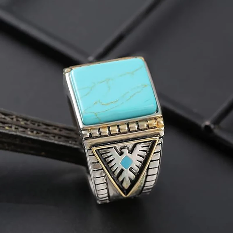 Vintage eagle turquoise ring for men hand carved classic eagle ring bohemian natural stone ring bohemian turquoise jewelry chic