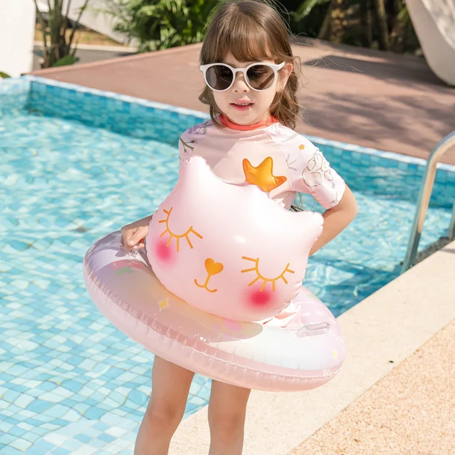 Juguetes inflables para niños, anillo de natación, corona, gato, Fiesta EN LA Piscina de verano, círculo flotante inflable con mango, juguetes acuáticos para niños