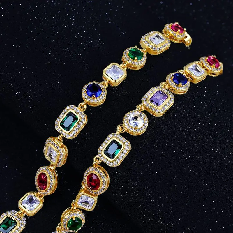 Retro luxury hip hop men assorted cut rainbow gem tennis set adjustable necklace bracelet for male formal gathering outfits
