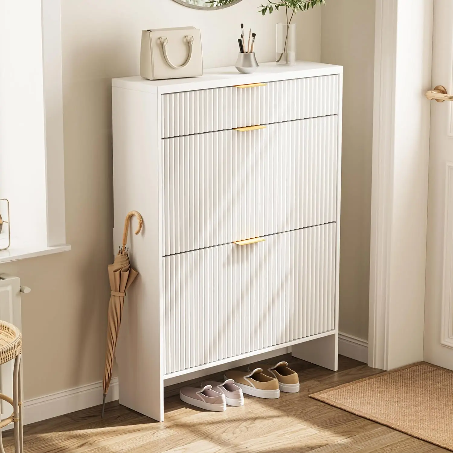 White Slim Freestanding Shoe Storage Cabinet with Fluted Panel, 2 Flip Compartments & 1 Drawer, Narrow Hidden Shoe Organizer Rack for Entryway Hallway Living Room