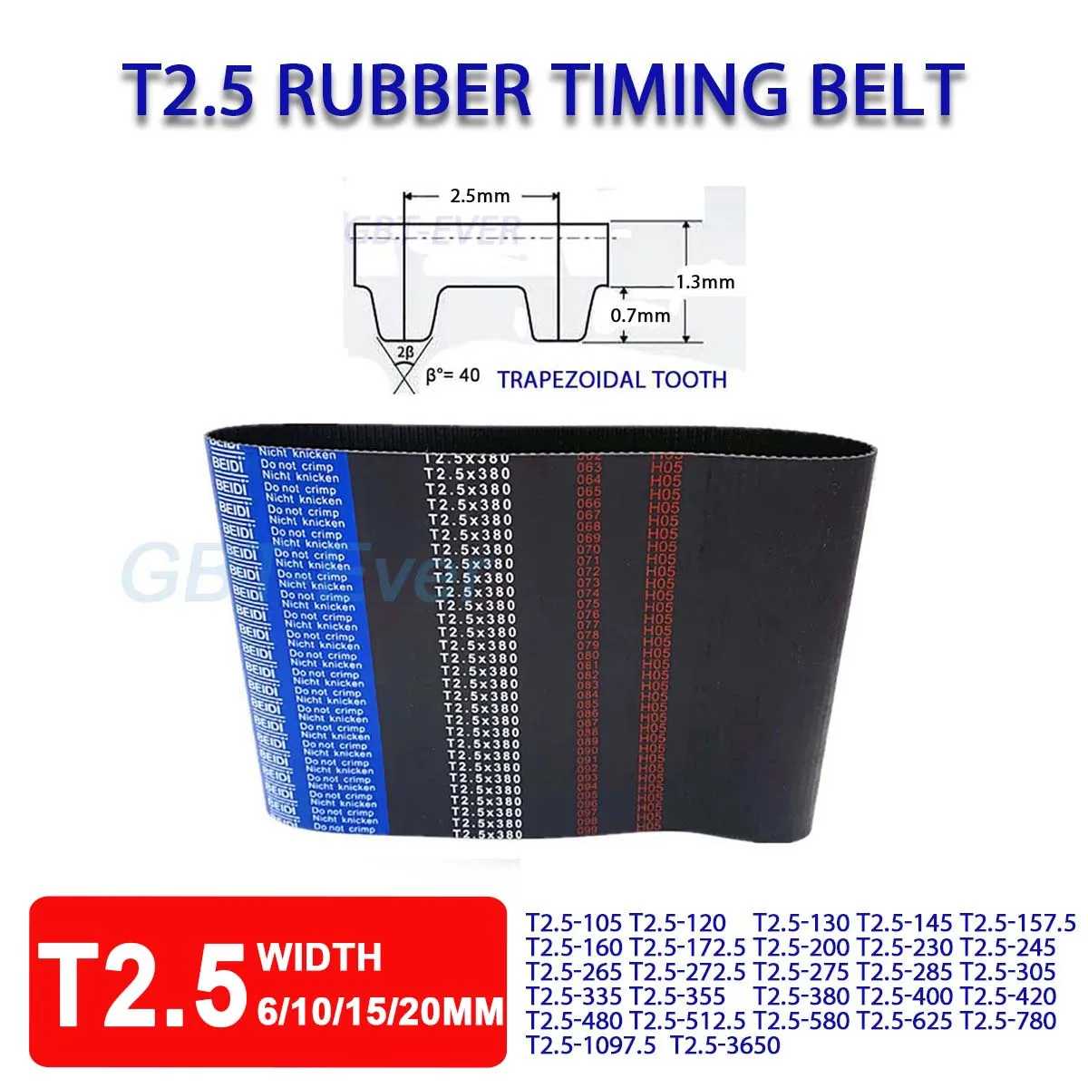 

1Pcs T2.5 Rubber Closed Loop Timing Belt Width 6/10/15/20mm Picth Length 105/120/130/145/157.5/160/172.5~3650mm Synchronous Belt