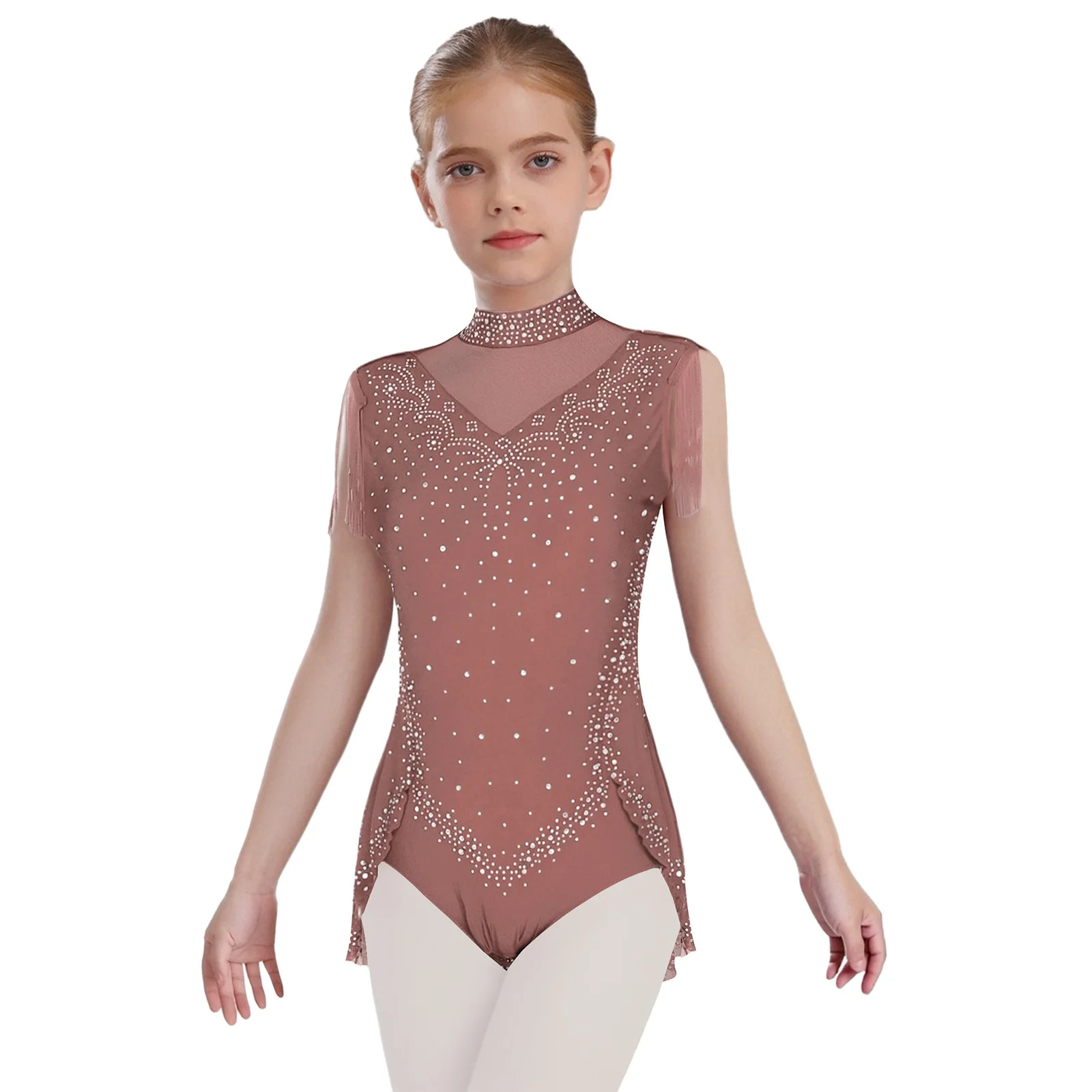 

Kids Girls Ballet Dance Leotard Sleeveless Zipper Back Mesh Patchwork Rhinestones Tassel Skirted Bodysuit Gymnastics Leotard