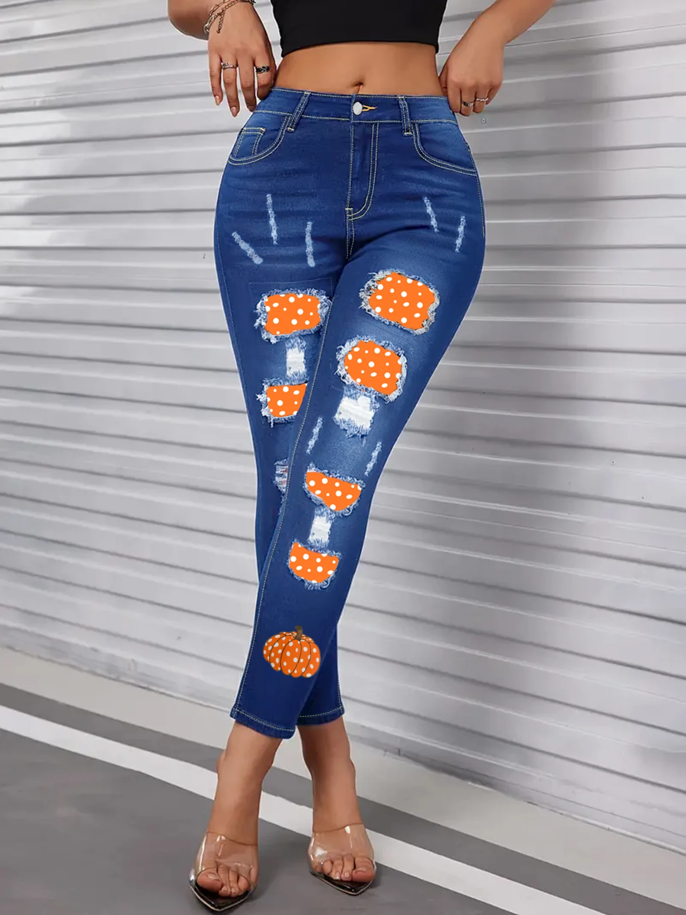 

Облегающие джинсы больших размеров с высокой талией для женщин, модный дизайн с дырками и мультяшным узором, эластичные повседневные джинсы больших размеров