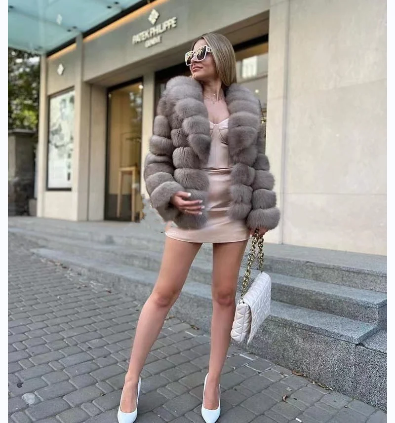 Jaqueta Real Fox Fur feminina, mangas destacáveis, lapela grande, quente e elegante, inverno