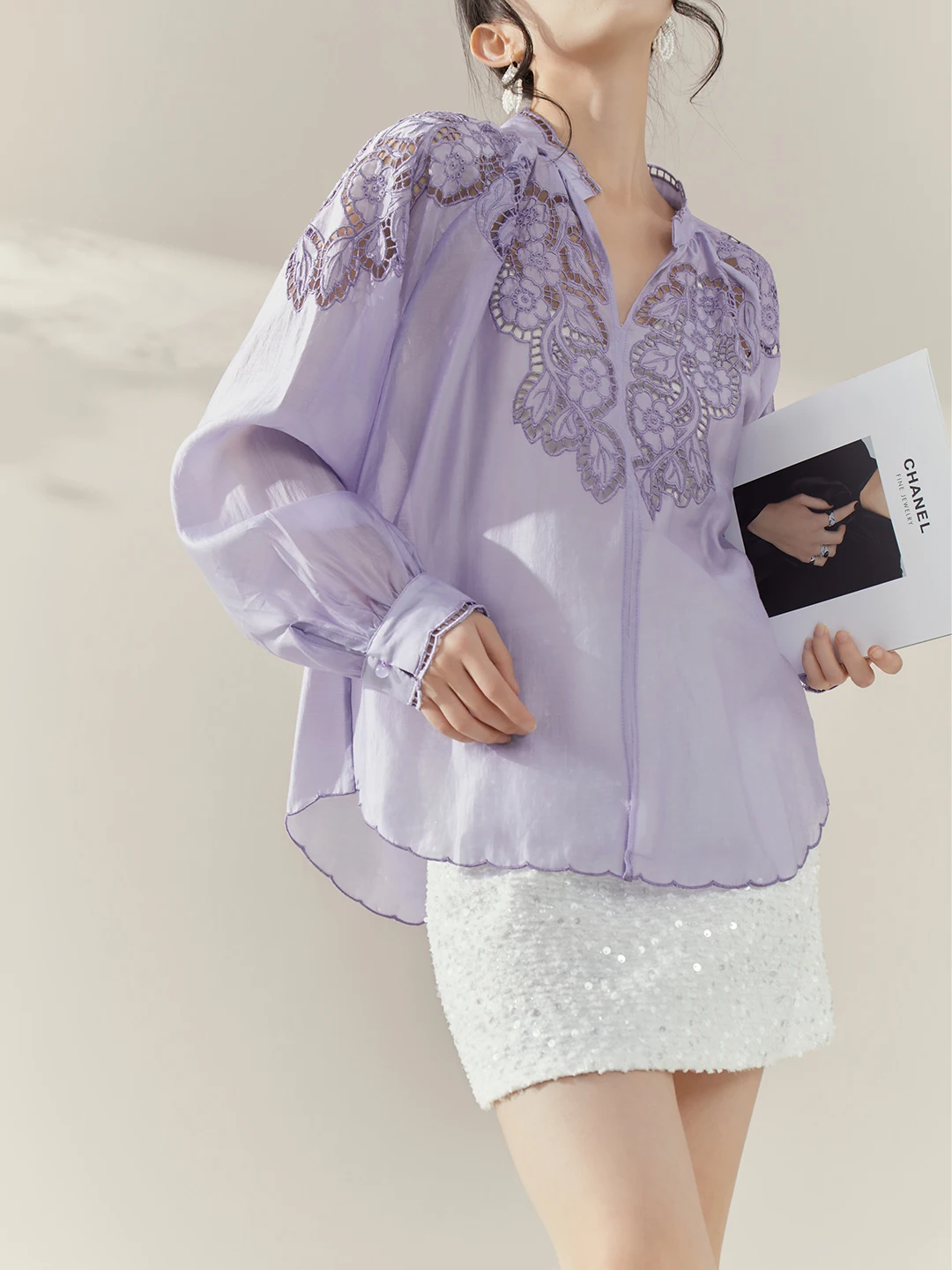 

Flowing Era Summer New Loose Long Sve Women's irt Heavy Embroidery Hollow out Design Sun Protection Purple Color French ...