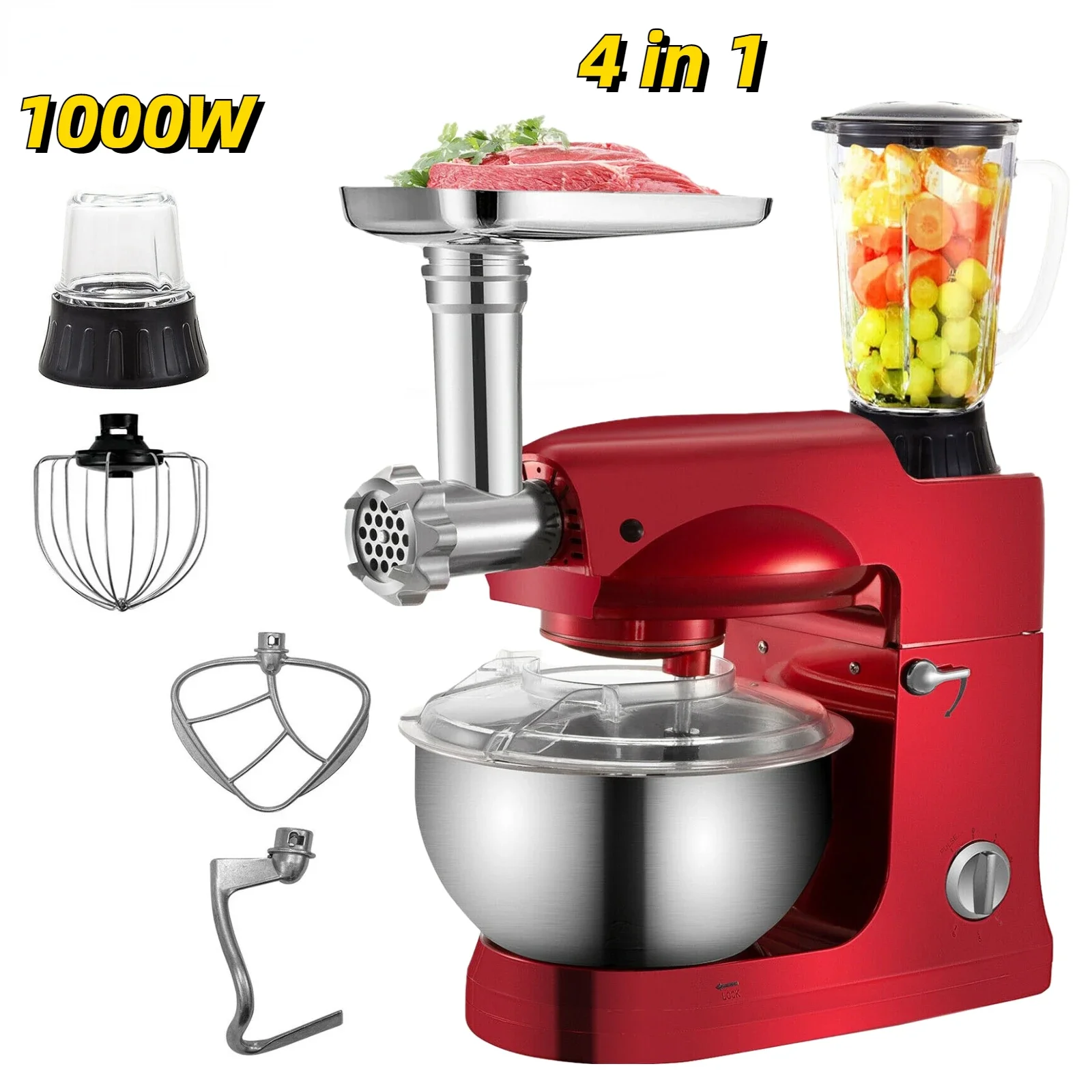 

1000W 4in1 Planetary Mixer 5L Stainless Steel Bowl Meat Grinder Juicer Blender Cake Egg Whisk Home Kitchen Food Processor